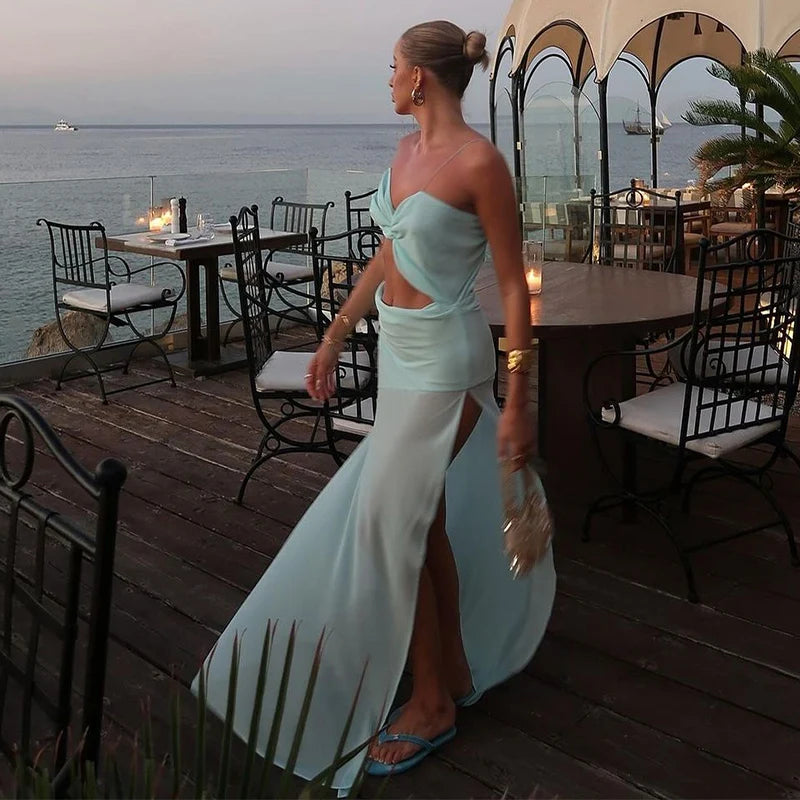 Sexy Backless Bikini Long Dress Women Side Split Sleeveless Pleated Female Vacation Dresses 2025 Spring Lady Beach Party Robes