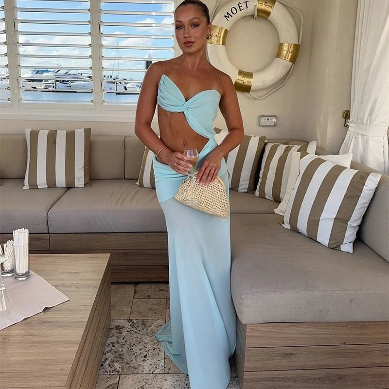 Sexy Backless Bikini Long Dress Women Side Split Sleeveless Pleated Female Vacation Dresses 2025 Spring Lady Beach Party Robes