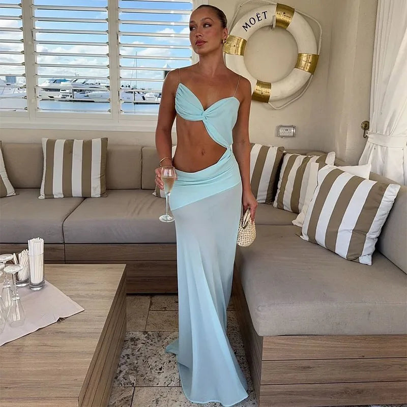 Sexy Backless Bikini Long Dress Women Side Split Sleeveless Pleated Female Vacation Dresses 2025 Spring Lady Beach Party Robes