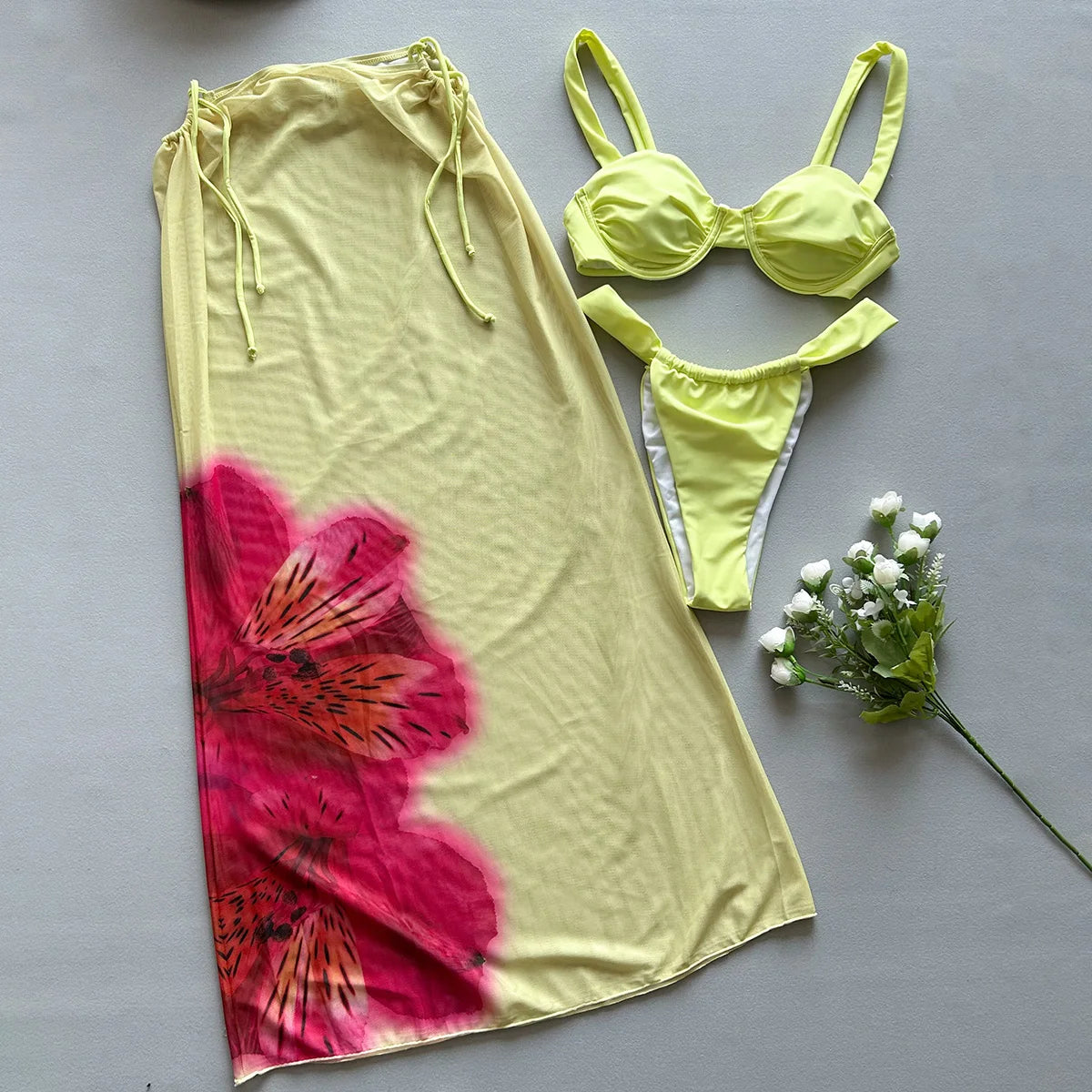 3 Pieces Bikini 2025 Sexy Women Swimsuit Swimwear Female Long Dress Cover Up Bikini Set Beachwear Bathing Suit Swimming Suit