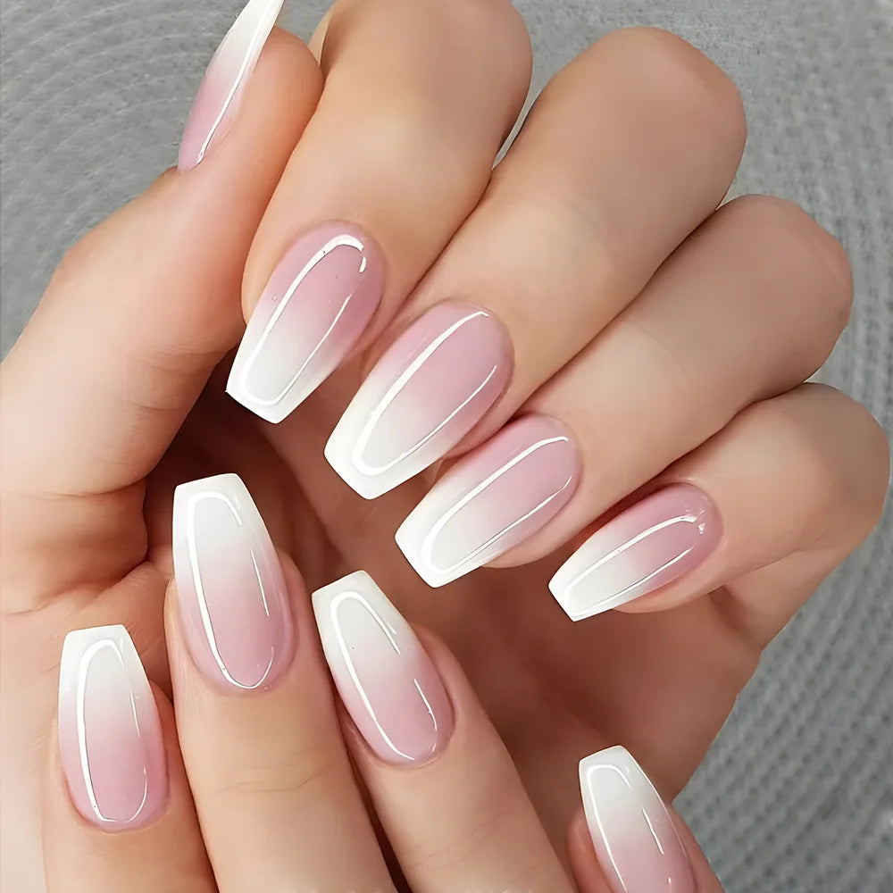 24 Pcs Ballerina Press On Nails Pink Gradient Fake Nails Glossy Artificial Finger Manicure Reusable False Nails For Women