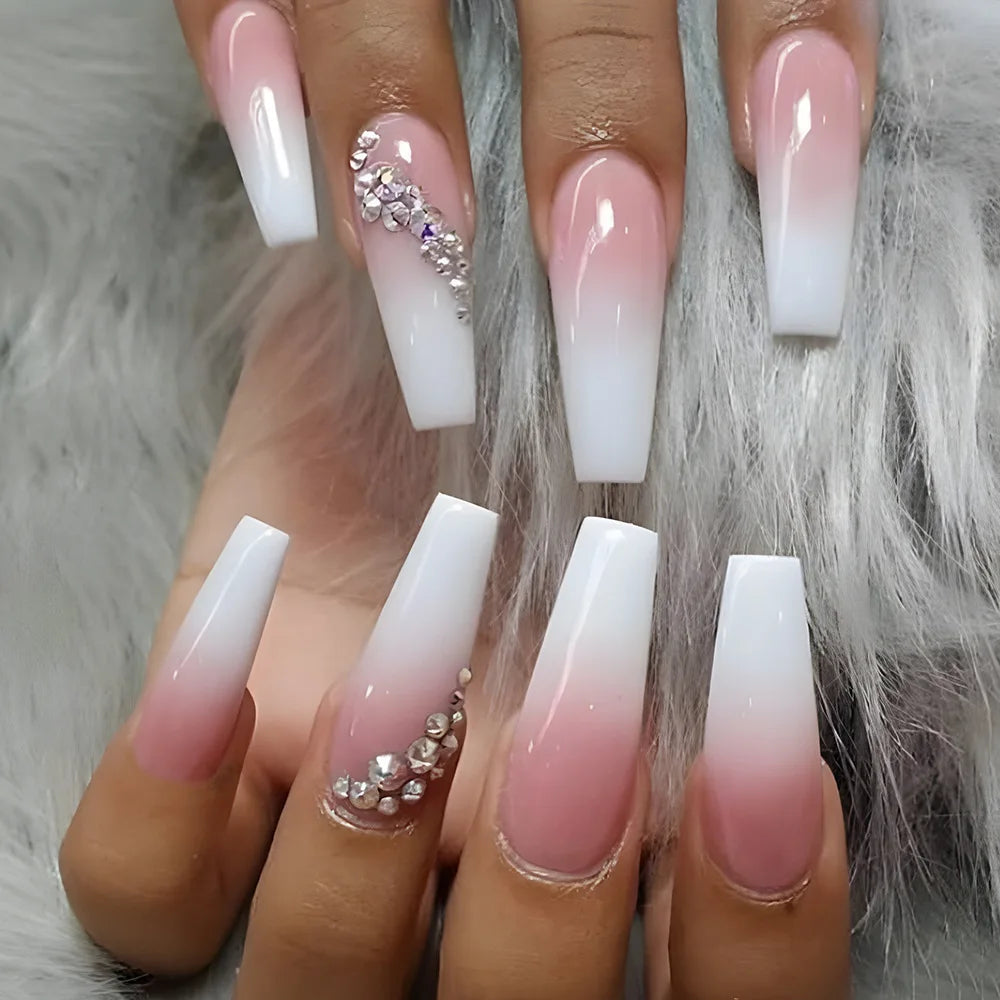 24 Pcs Ballerina Press On Nails Pink Gradient Fake Nails Glossy Artificial Finger Manicure Reusable False Nails For Women