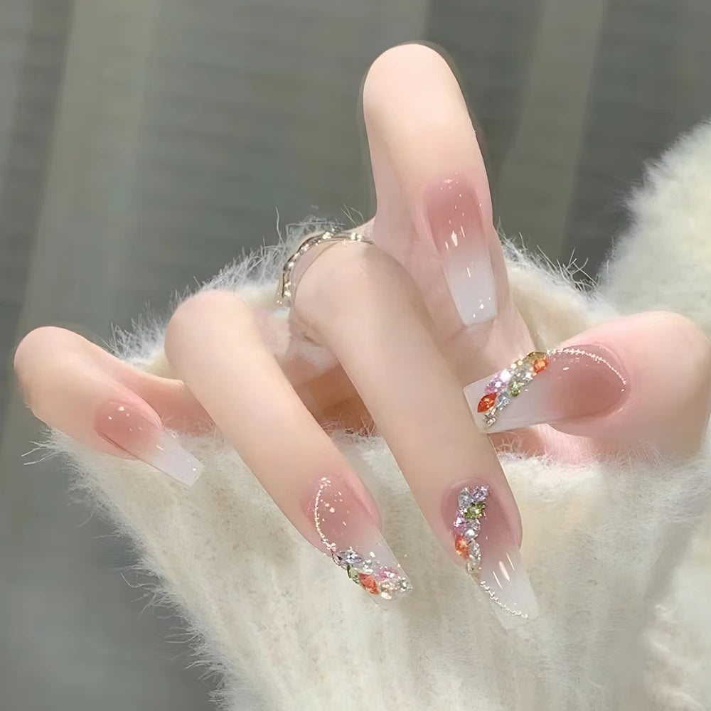 24 Pcs Ballerina Press On Nails Pink Gradient Fake Nails Glossy Artificial Finger Manicure Reusable False Nails For Women