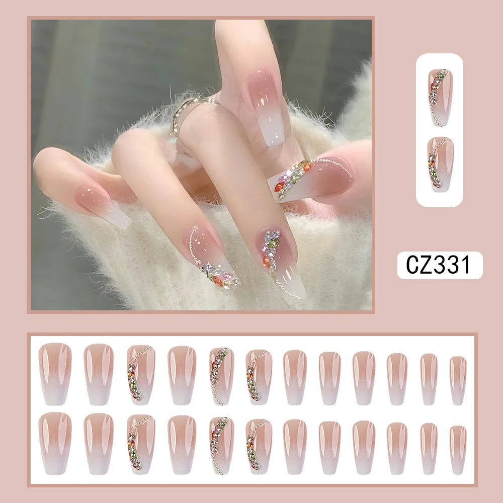 24 Pcs Ballerina Press On Nails Pink Gradient Fake Nails Glossy Artificial Finger Manicure Reusable False Nails For Women