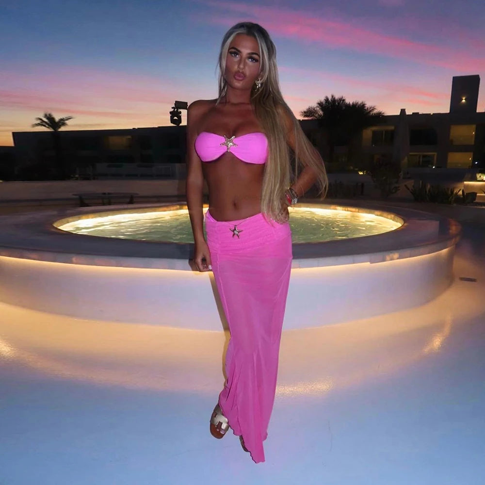 3 Pieces Bikini 2025 Sexy Women Swimsuit Swimwear Female Pink long Dress Bikini Set Thong Biquini Bathing Suit Swimming Suit